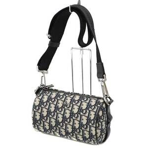 Christian Dior Oblique Shoulder Bag Navy Blue Canvas Leather
